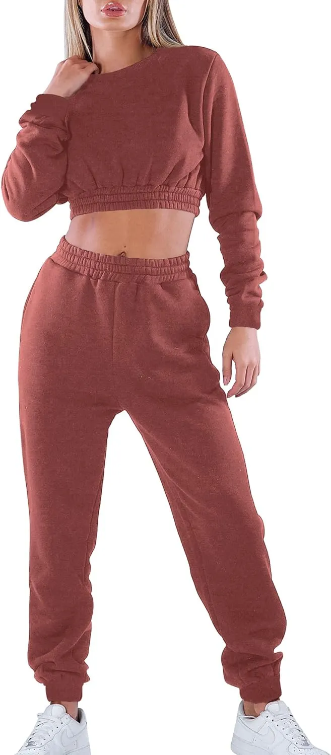 Mokoru Women's Workout 2 Piece Outfits Tracksuit Long Sleeve Crop Tops Joggers Pants Sets Sweatsuits