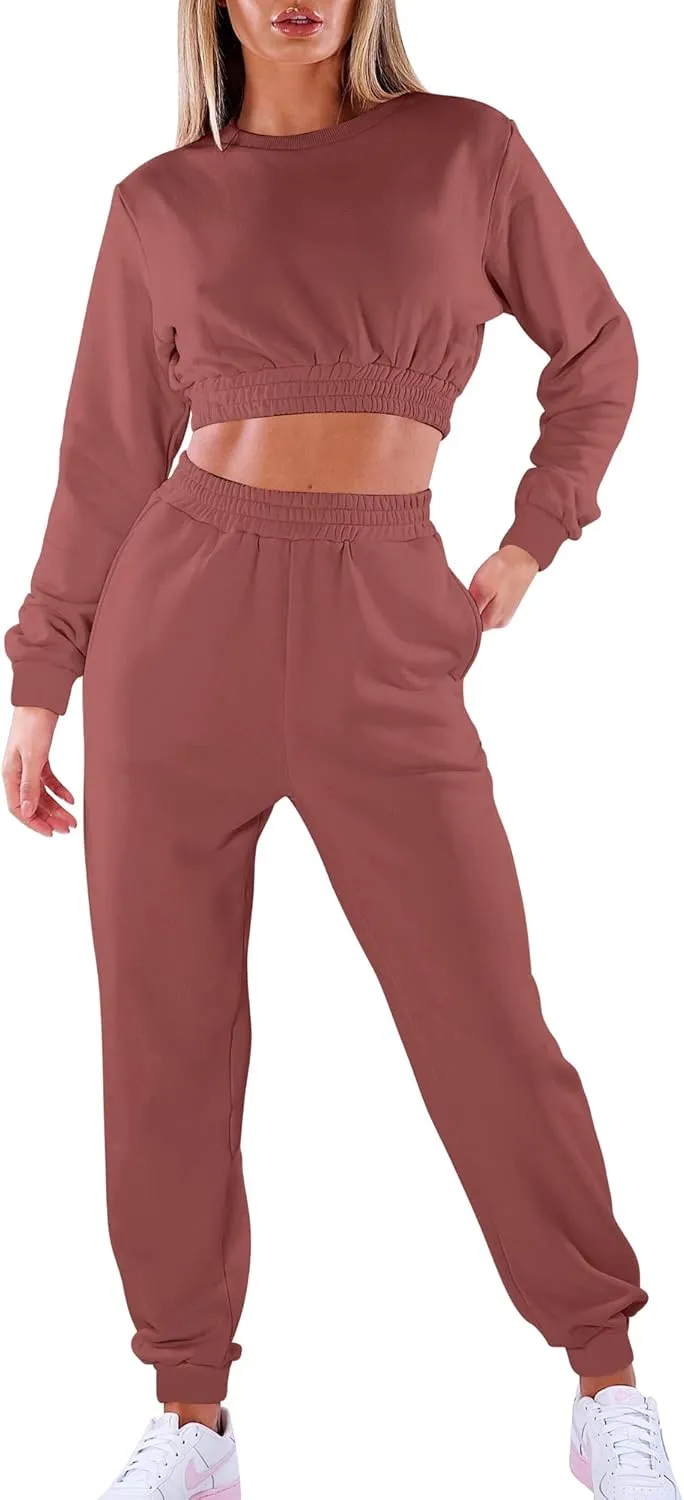 Mokoru Women's Workout 2 Piece Outfits Tracksuit Long Sleeve Crop Tops Joggers Pants Sets Sweatsuits