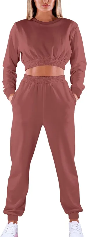 Mokoru Women's Workout 2 Piece Outfits Tracksuit Long Sleeve Crop Tops Joggers Pants Sets Sweatsuits