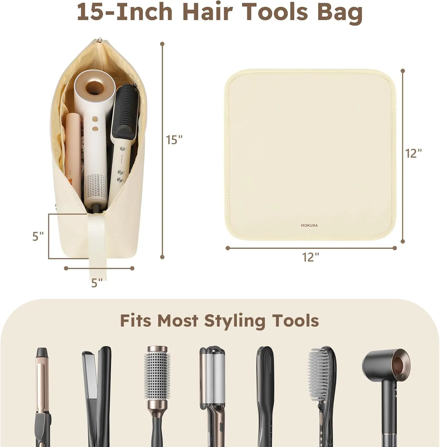 MOKURA Hot Hair Tools Travel Bag with Heat Resistant Mat Removable, Hair Accessories Organizer Case, Women Travel Essentials, Storage Pouch for Curling Iron Straightener Flat Iron Hair Dryer, Ivory