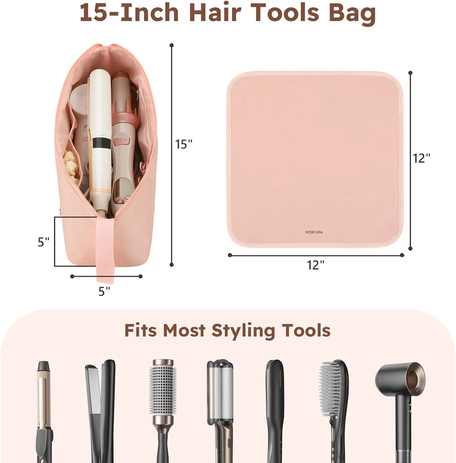 MOKURA Hot Hair Tools Travel Bag with Heat Resistant Mat, Women Hair Accessories Organizer Case, Storage Pouch for Curling Iron Straightener Flat Iron Hair Dryer, Gifts for Mom Mothers Day, Pink