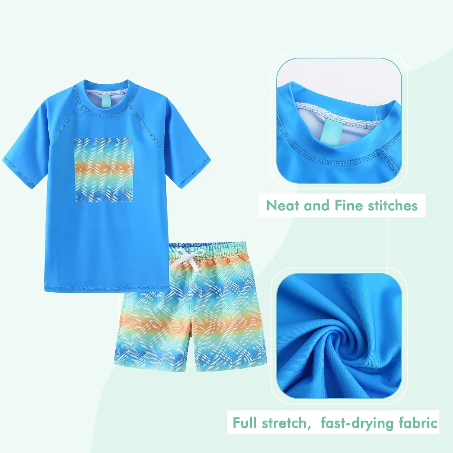 Moon Tree Boys Rash Guard Set for Boys 2 Piece Swimsuits Short Sleeve Bathing Suits with Trunks Quick Dry Swim Shirts