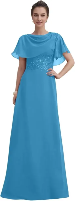 Mother of The Bride Dresses A-line Crew Neck Floor Length Wedding Guest Dress 2024 Chiffon Cape Sleeve Evening Gowns