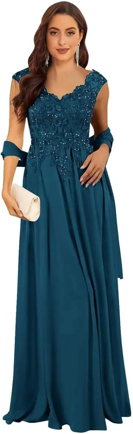Mother of The Bride Dresses for Wedding Lace Appliques 2 Pieces Prom Dress Long Chiffon Formal Evening Party Gowns
