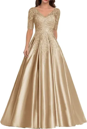 Mother of The Bride Dresses for Wedding Satin Prom Dress Long Formal Dresses with Sleeves Lace Evening Gowns for Women