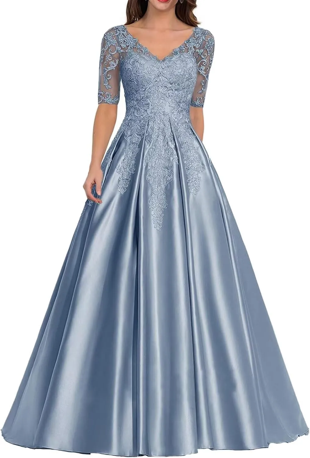 Mother of The Bride Dresses for Wedding Satin Prom Dress Long Formal Dresses with Sleeves Lace Evening Gowns for Women