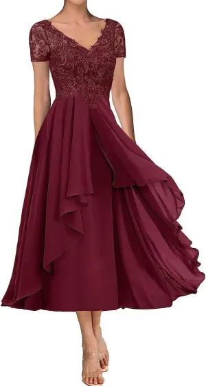 Mother of The Bride Dresses for Wedding Short Sleeves Lace Applique Chiffon V-Neck Formal Evening Party Gown for Women
