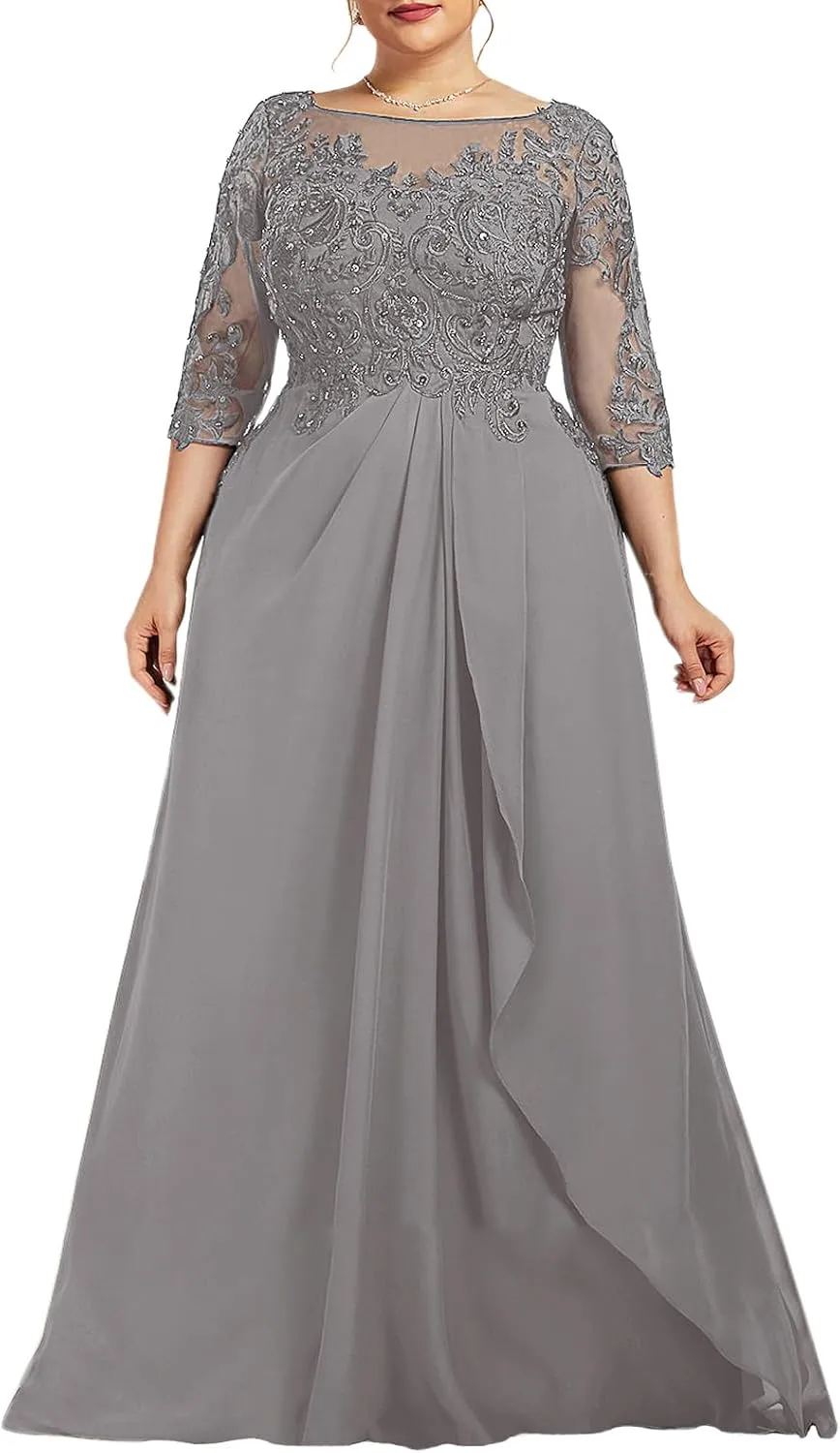 Mother of The Bride Dresses Lace Chiffon Formal Evening Dresses Long Scoop Neck Wedding Guest Dresses for Women Plus Size