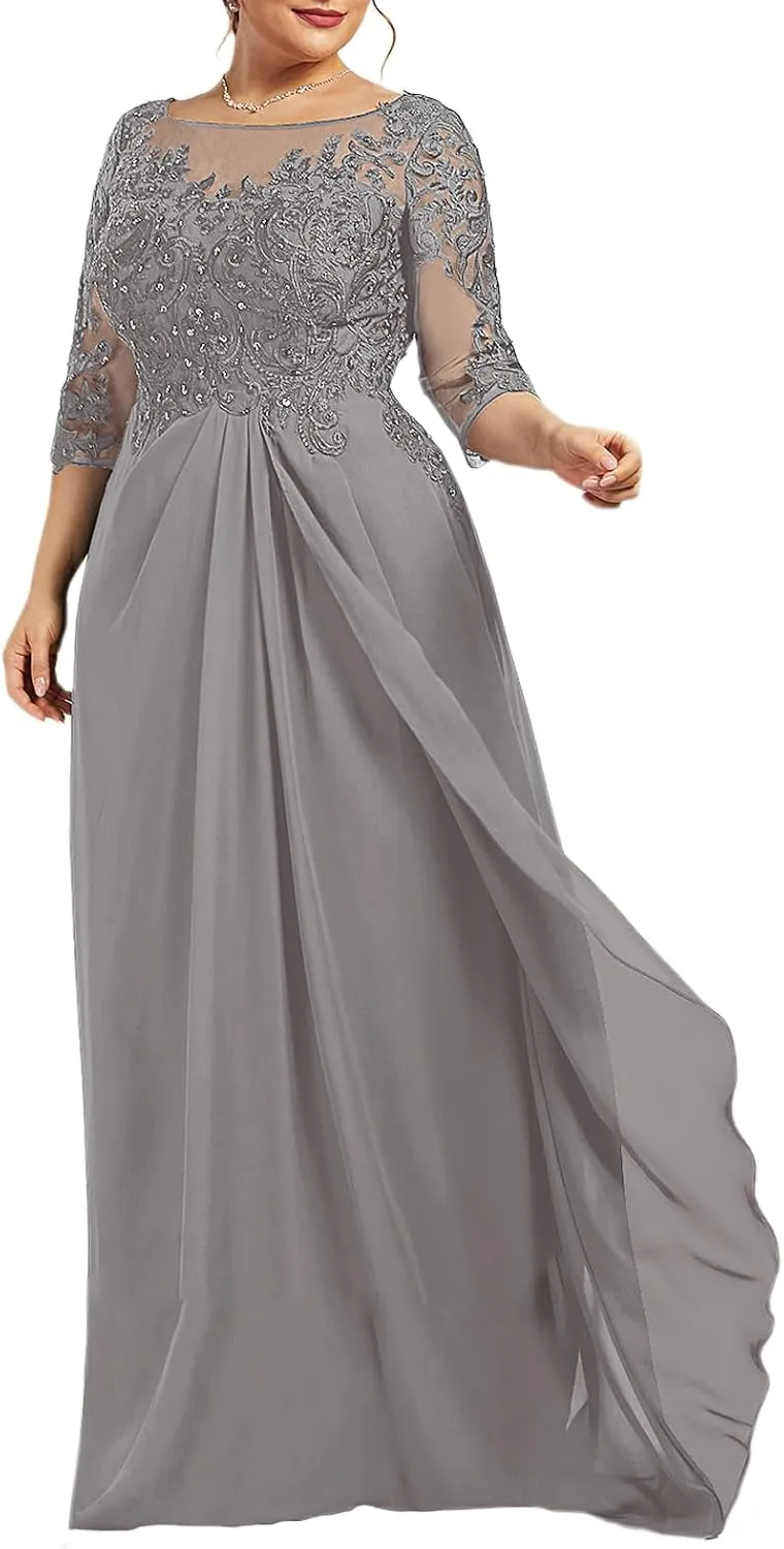 Mother of The Bride Dresses Lace Chiffon Formal Evening Dresses Long Scoop Neck Wedding Guest Dresses for Women Plus Size