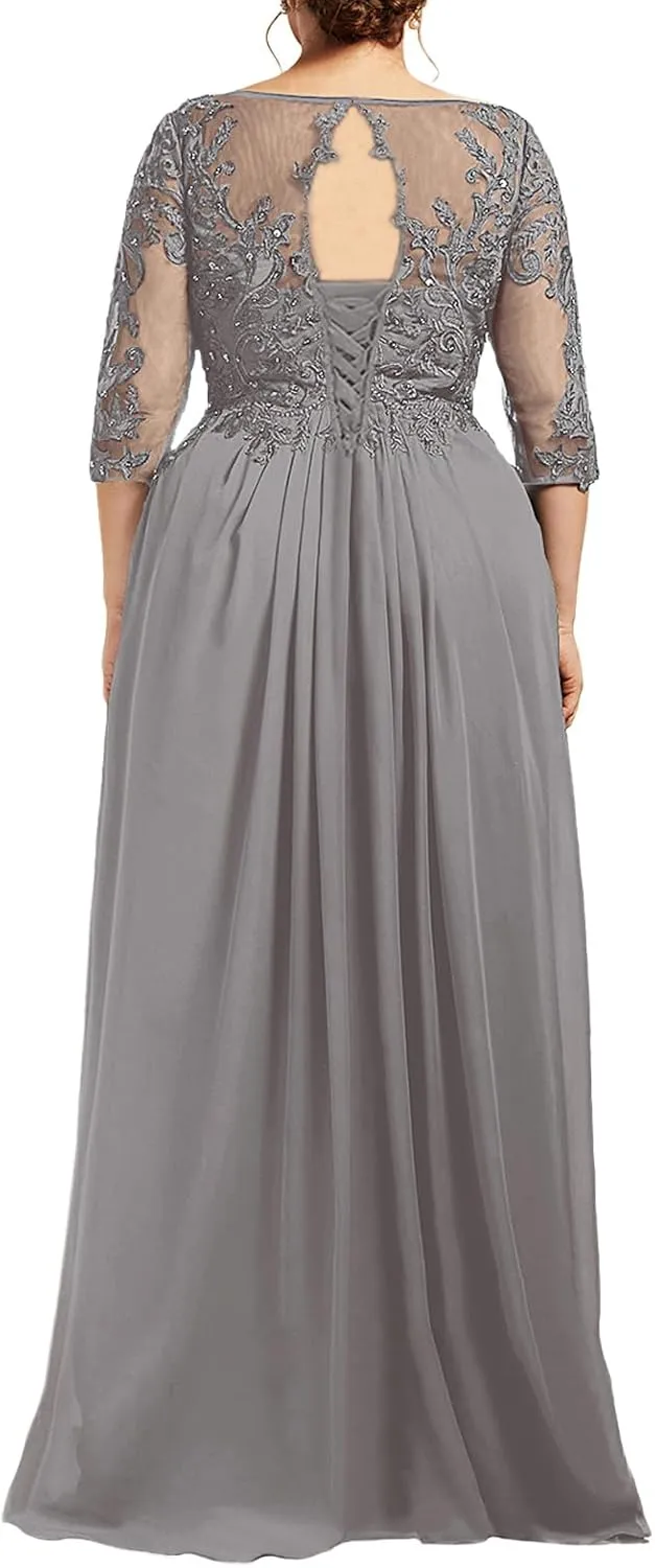 Mother of The Bride Dresses Lace Chiffon Formal Evening Dresses Long Scoop Neck Wedding Guest Dresses for Women Plus Size