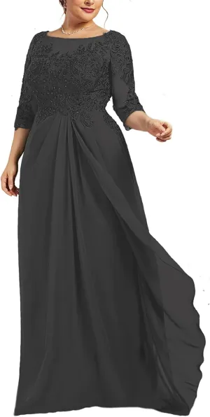 Mother of The Bride Dresses Lace Chiffon Formal Evening Dresses Long Scoop Neck Wedding Guest Dresses for Women Plus Size