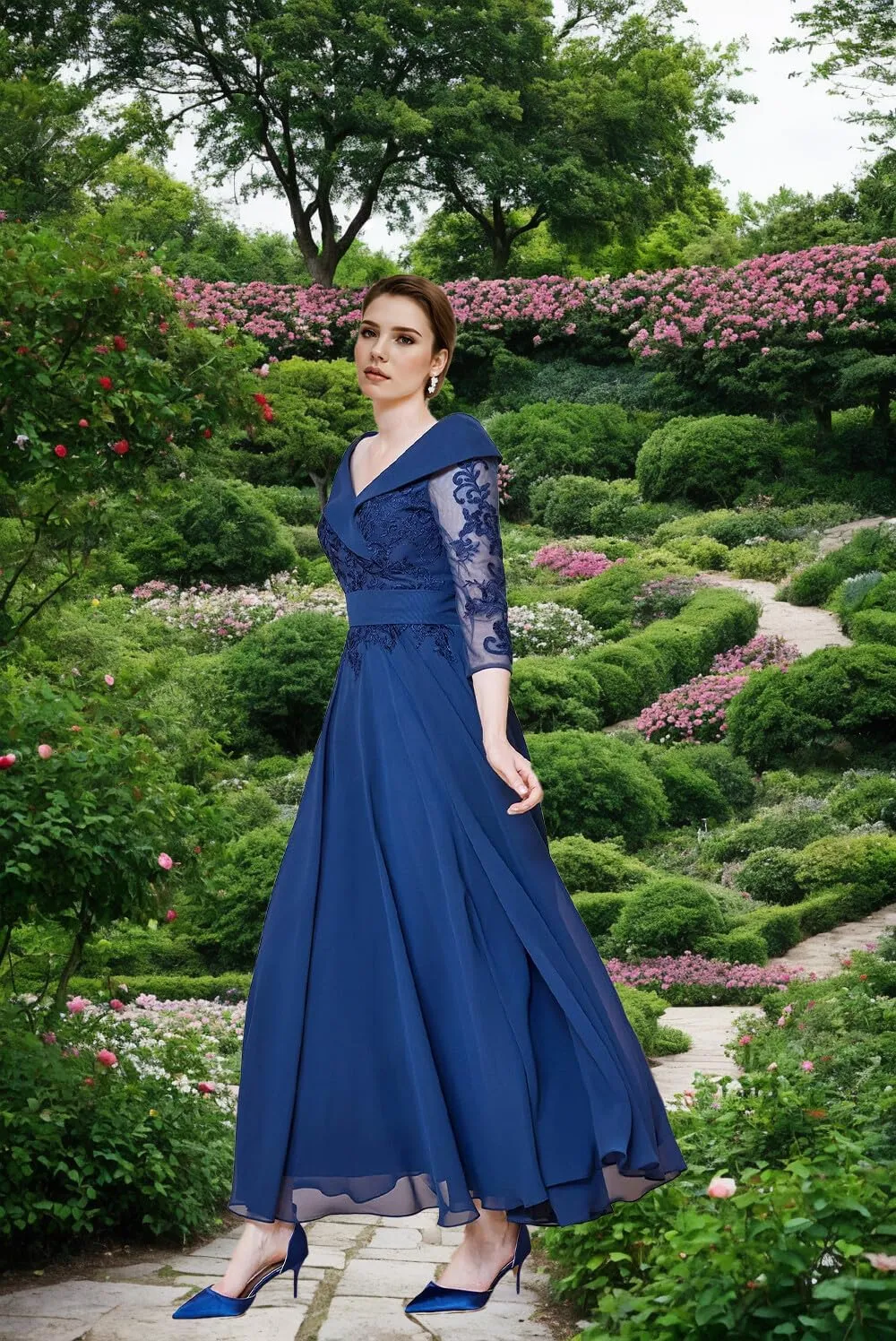 Mother of The Bride Dresses Lace V Neck Formal Evening Dress Long Sleeve Chiffon Evening Gown A Line