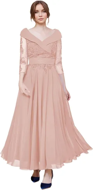 Mother of The Bride Dresses Lace V Neck Formal Evening Dress Long Sleeve Chiffon Evening Gown A Line