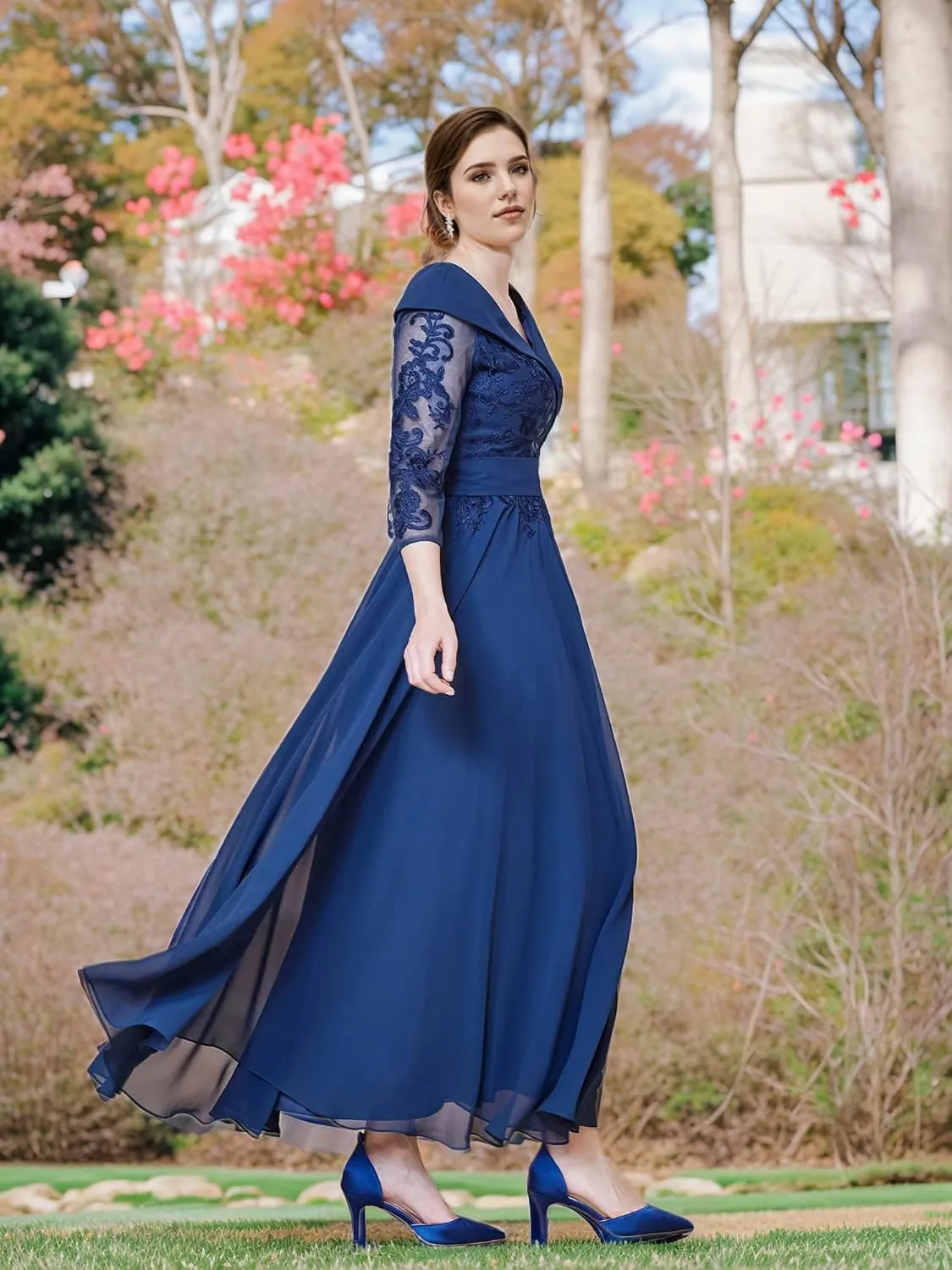 Mother of The Bride Dresses Lace V Neck Formal Evening Dress Long Sleeve Chiffon Evening Gown A Line