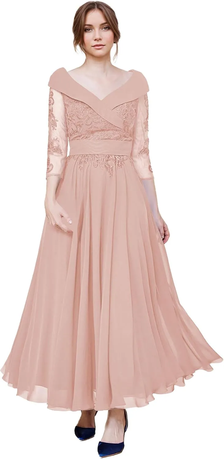 Mother of The Bride Dresses Lace V Neck Formal Evening Dress Long Sleeve Chiffon Evening Gown A Line