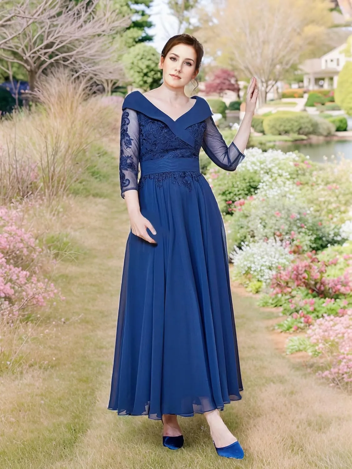 Mother of The Bride Dresses Lace V Neck Formal Evening Dress Long Sleeve Chiffon Evening Gown A Line