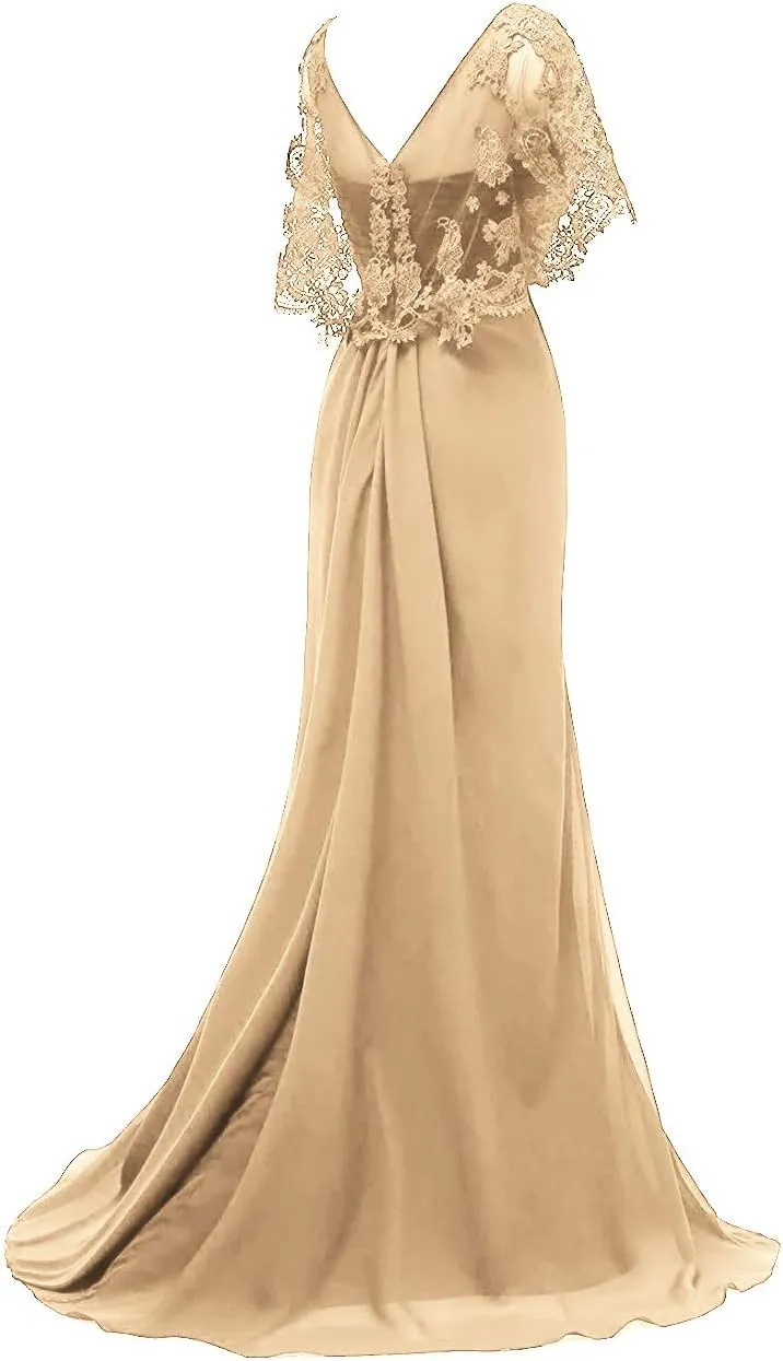 Mother of The Bride Dresses Long Prom Evening Gowns Mermaid Wedding Dress Lace Cloak Ruffles