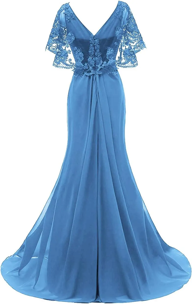 Mother of The Bride Dresses Long Prom Evening Gowns Mermaid Wedding Dress Lace Cloak Ruffles