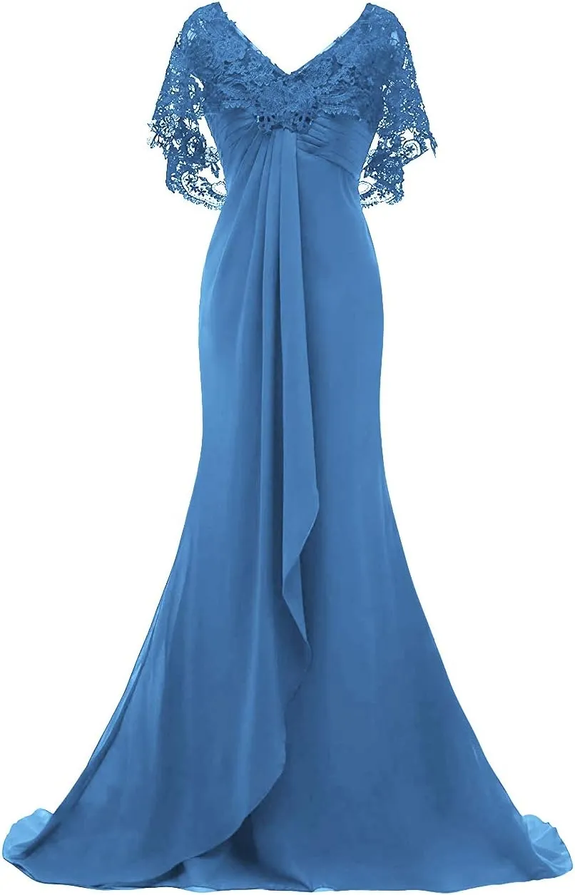 Mother of The Bride Dresses Long Prom Evening Gowns Mermaid Wedding Dress Lace Cloak Ruffles