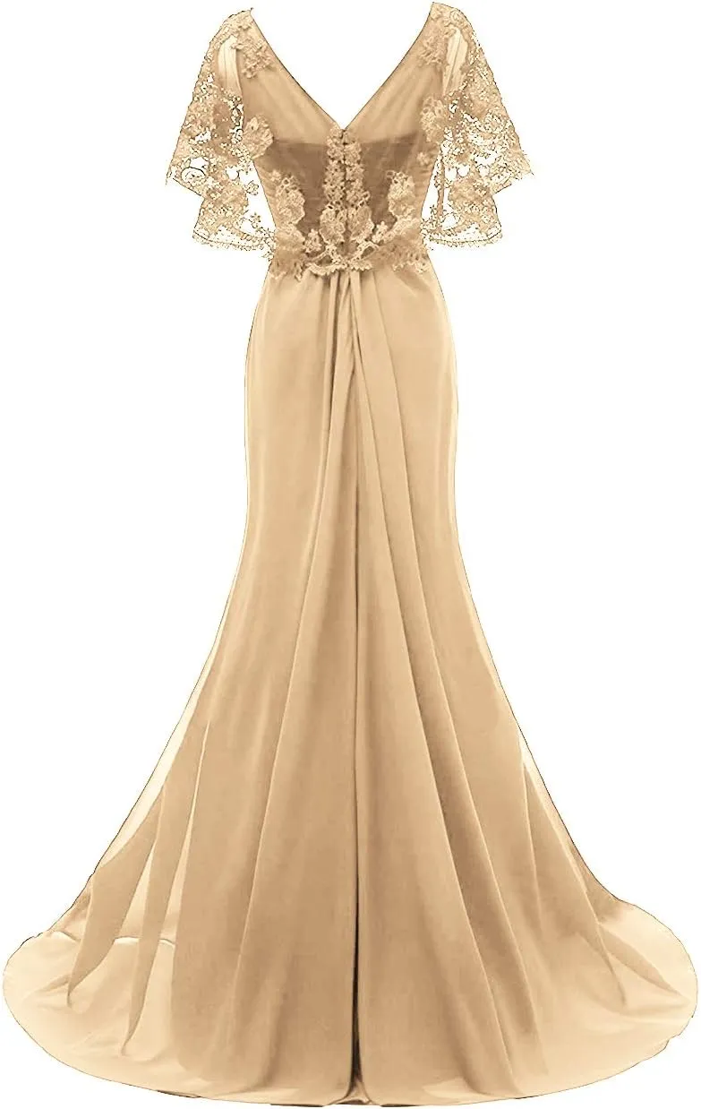 Mother of The Bride Dresses Long Prom Evening Gowns Mermaid Wedding Dress Lace Cloak Ruffles