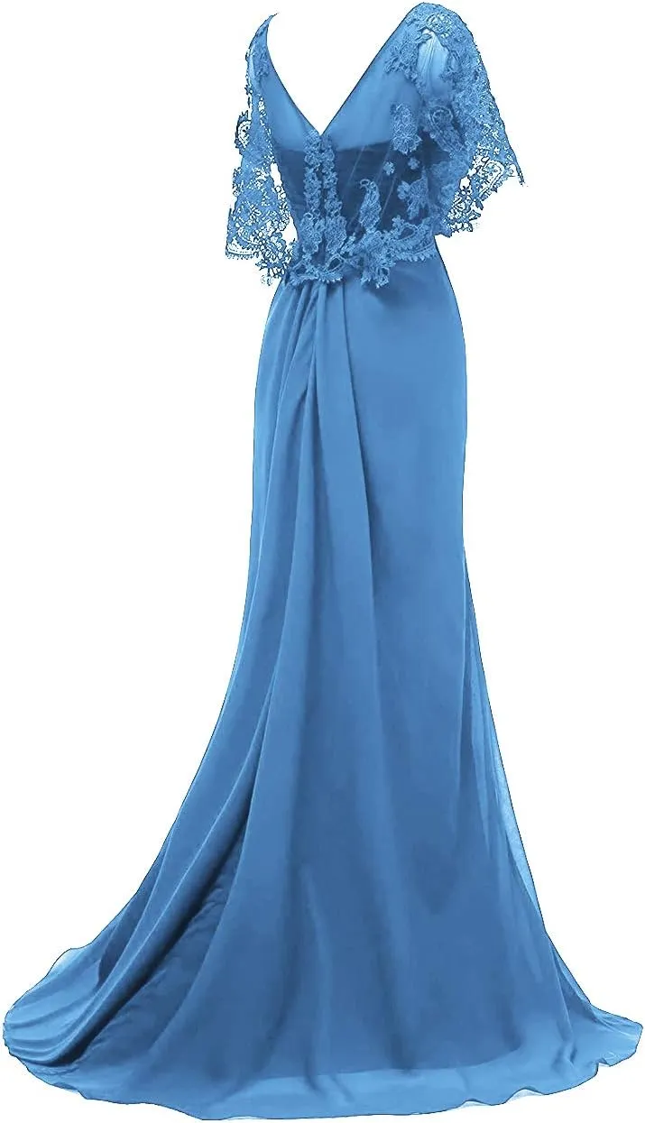 Mother of The Bride Dresses Long Prom Evening Gowns Mermaid Wedding Dress Lace Cloak Ruffles