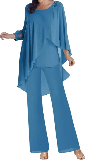 Mother of The Bride Dresses Pant Suits Chiffon Evening Formal Dress Beaded 3/4 Sleeve Cloak Wedding Guest Groom Women's