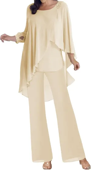 Mother of The Bride Dresses Pant Suits Chiffon Evening Formal Dress Beaded 3/4 Sleeve Cloak Wedding Guest Groom Women's