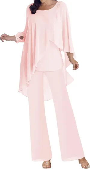 Mother of The Bride Dresses Pant Suits Chiffon Evening Formal Dress Beaded 3/4 Sleeve Cloak Wedding Guest Groom Women's