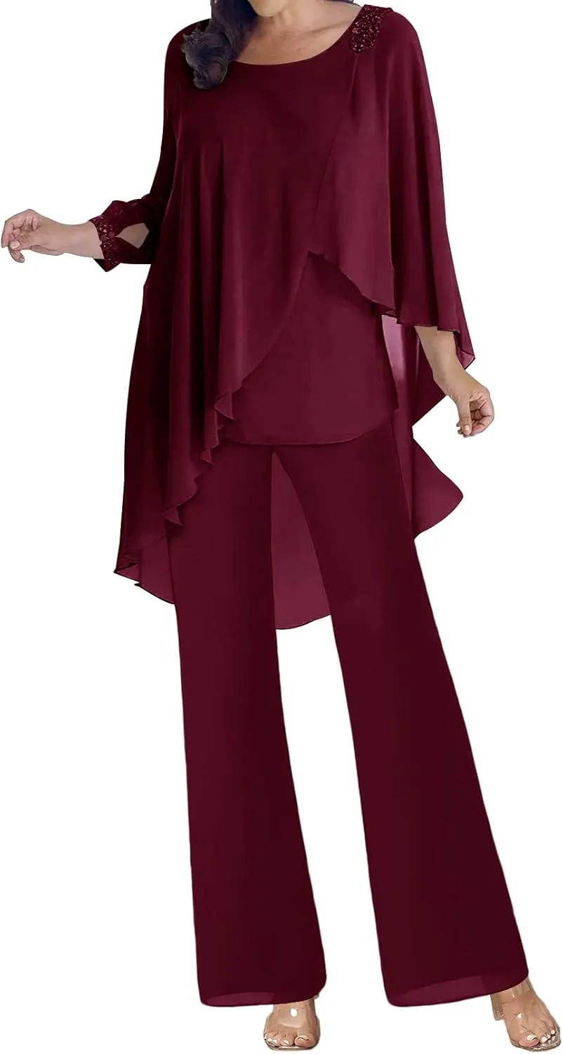 Mother of The Bride Dresses Pant Suits Chiffon Evening Formal Dress Beaded 3/4 Sleeve Cloak Wedding Guest Groom Women's