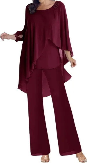 Mother of The Bride Dresses Pant Suits Chiffon Evening Formal Dress Beaded 3/4 Sleeve Cloak Wedding Guest Groom Women's