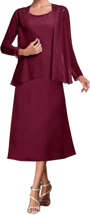 Mother of The Bride Dresses Tea Length Evening Formal Dress Tiered Wedding Guest Groom Dress Beaded Chiffon Jacket