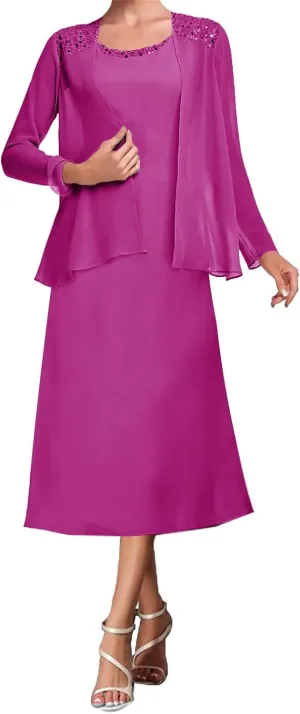 Mother of The Bride Dresses Tea Length Evening Formal Dress Tiered Wedding Guest Groom Dress Beaded Chiffon Jacket