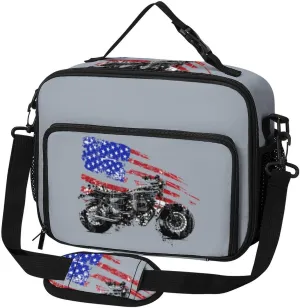 Motorcycle American Flag Large Insulated Lunch Bag Reusable Lunch Cooler Bags Tote for Work Picnic Outdoor