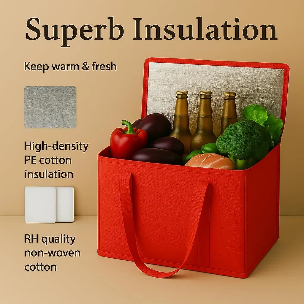 musbus 2-Pack XL-Large Insulated Grocery Shopping Bags, Red, Reusable, Heavy Duty, Zipped Zipper,Collapsible,Tote,Cooler,Groceries,for car,Recycled Material Warm Foldable Bag
