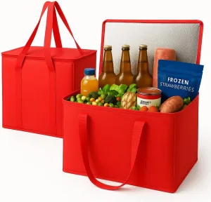 musbus 2-Pack XL-Large Insulated Grocery Shopping Bags, Red, Reusable, Heavy Duty, Zipped Zipper,Collapsible,Tote,Cooler,Groceries,for car,Recycled Material Warm Foldable Bag