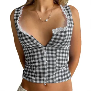 Mxiqqpltky Women Y2K Lace Trim Tank Tops Cute Tie Front Sleeveless Square Neck Button Crop Tops Sexy Plaid Slim Ruffle Vest