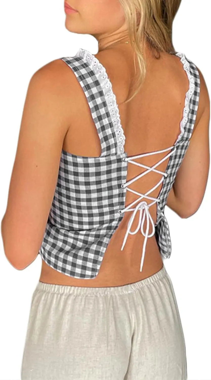 Mxiqqpltky Women Y2K Lace Trim Tank Tops Cute Tie Front Sleeveless Square Neck Button Crop Tops Sexy Plaid Slim Ruffle Vest