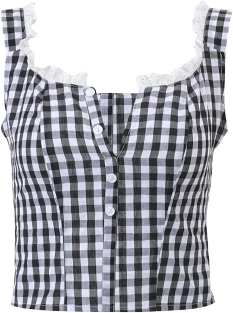 Mxiqqpltky Women Y2K Lace Trim Tank Tops Cute Tie Front Sleeveless Square Neck Button Crop Tops Sexy Plaid Slim Ruffle Vest