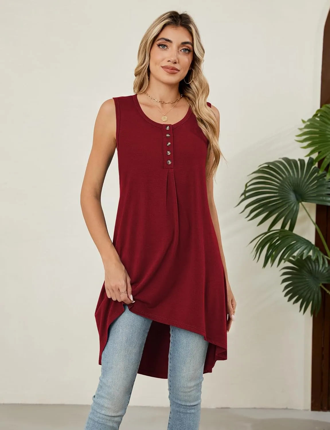 Naggoo Women's Summer Sleeveless Tunic Tops Button V Neck High Low Loose Flowy Casual Long Tank Tops