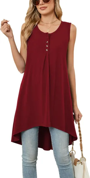 Naggoo Women's Summer Sleeveless Tunic Tops Button V Neck High Low Loose Flowy Casual Long Tank Tops