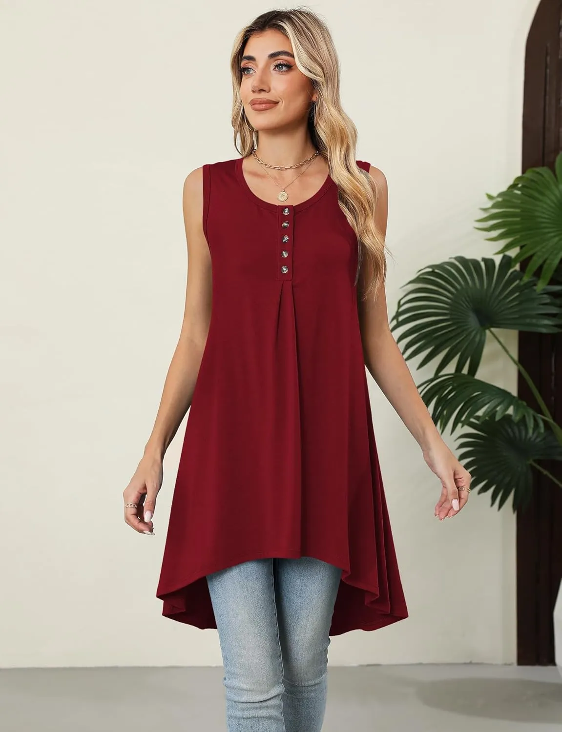 Naggoo Women's Summer Sleeveless Tunic Tops Button V Neck High Low Loose Flowy Casual Long Tank Tops