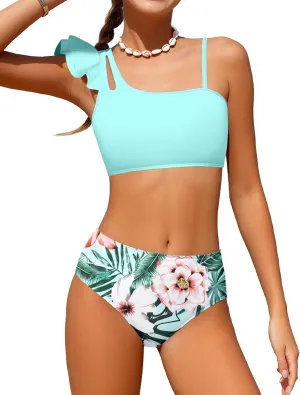 NAPU Girls Swimsuit 2 Piece Bikini Set Ruffle Bathing Suit for Girls Tropical Teen Swimsuits Summer Beach Swimwear 5-16 Years