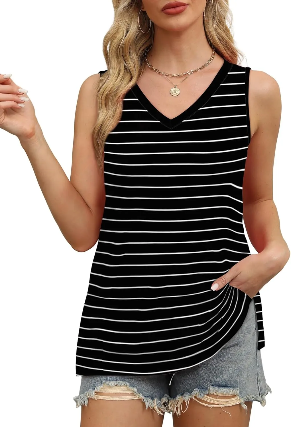 OFEEFAN Womens Tank Tops V Neck Loose Fit Basic Casual Summer Tops Side Split Sleeveless Shirts