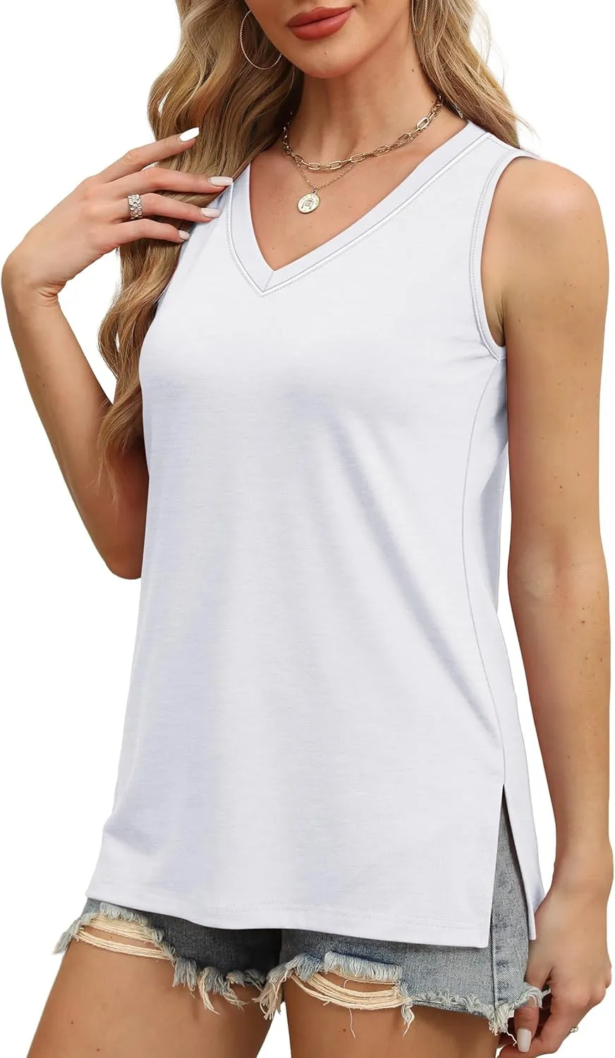 OFEEFAN Womens Tank Tops V Neck Loose Fit Basic Casual Summer Tops Side Split Sleeveless Shirts