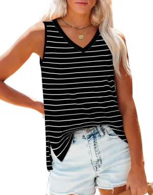 OFEEFAN Womens Tank Tops V Neck Loose Fit Basic Casual Summer Tops Side Split Sleeveless Shirts