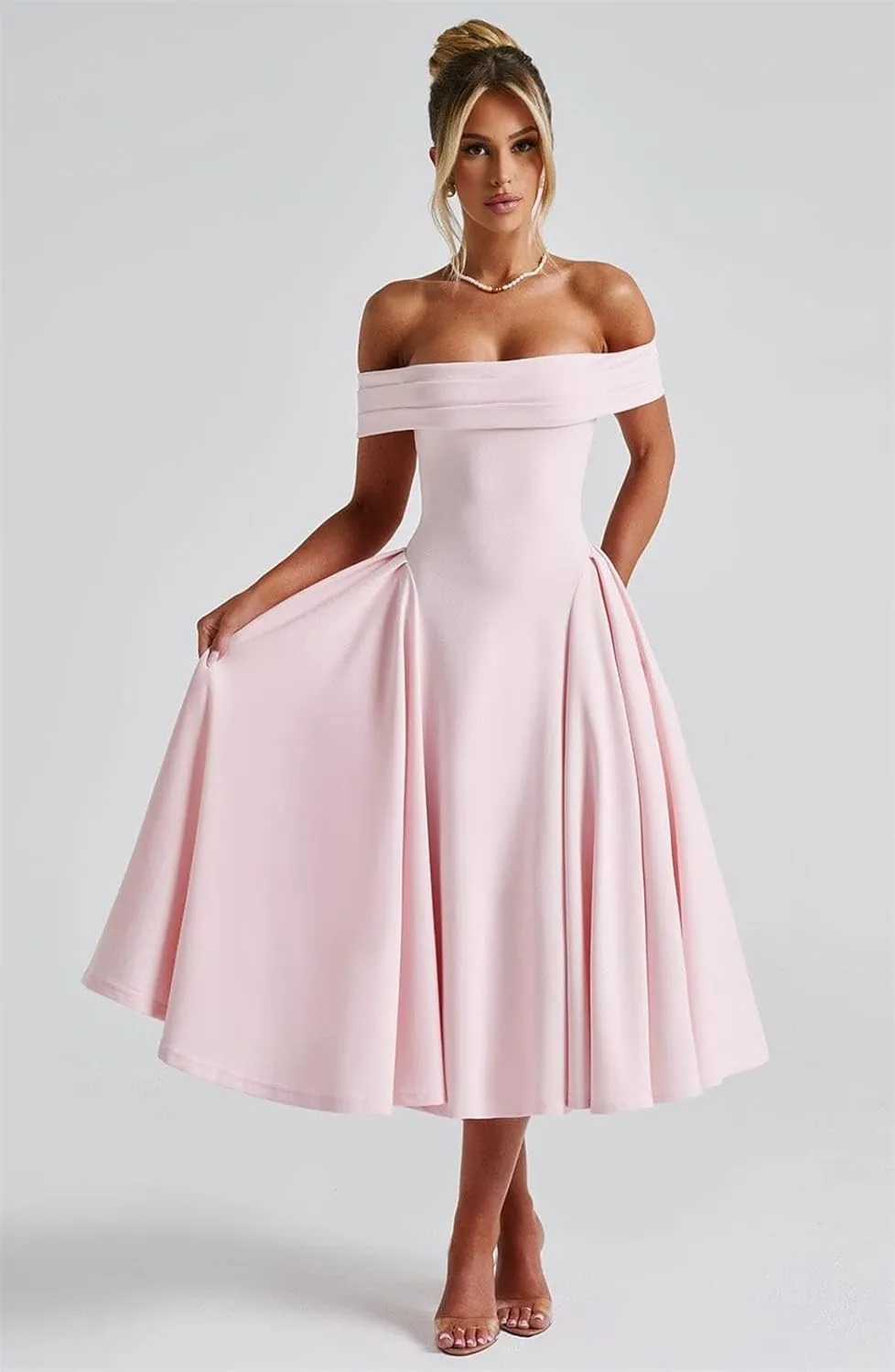 Off The Shoulder Prom Dresses A Line Satin Formal Evening Dress Tea Length Wedding Guest Gowns