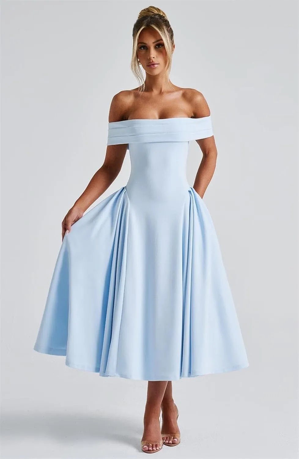 Off The Shoulder Prom Dresses A Line Satin Formal Evening Dress Tea Length Wedding Guest Gowns