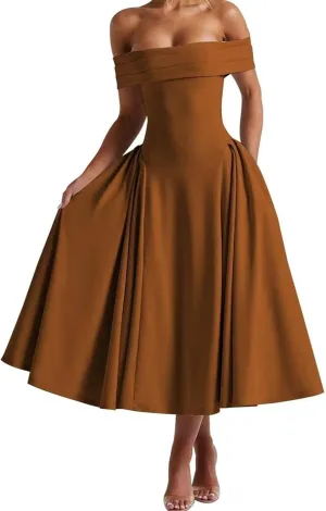 Off The Shoulder Prom Dresses A Line Satin Formal Evening Dress Tea Length Wedding Guest Gowns