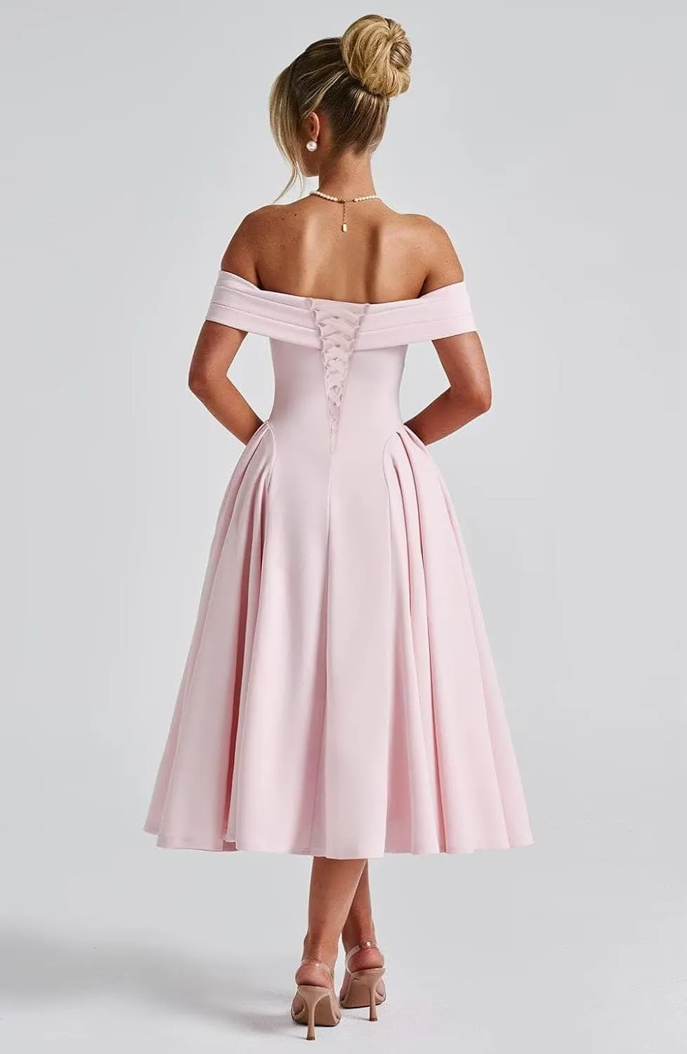 Off The Shoulder Prom Dresses A Line Satin Formal Evening Dress Tea Length Wedding Guest Gowns