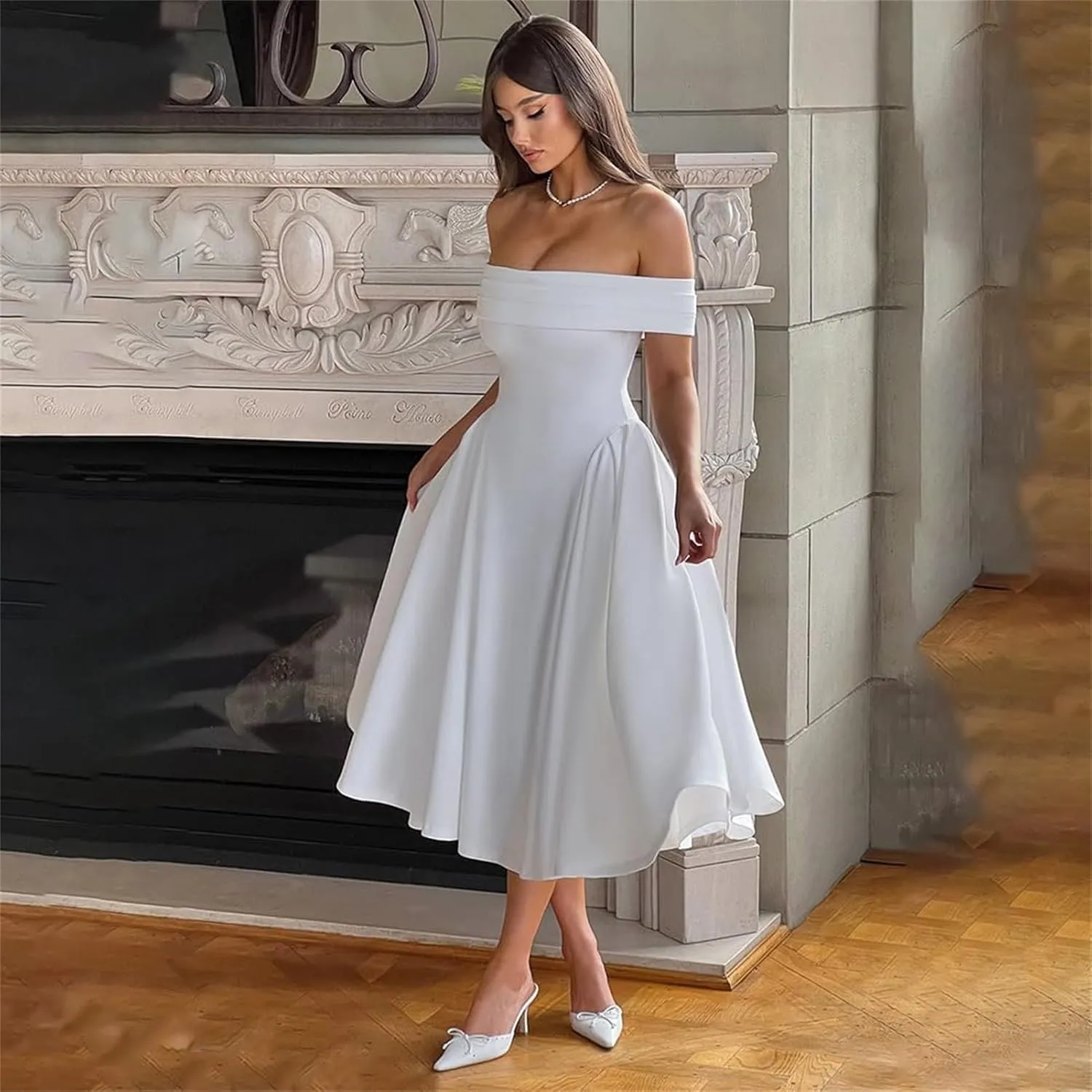 Off The Shoulder Prom Dresses A Line Satin Formal Evening Dress Tea Length Wedding Guest Gowns